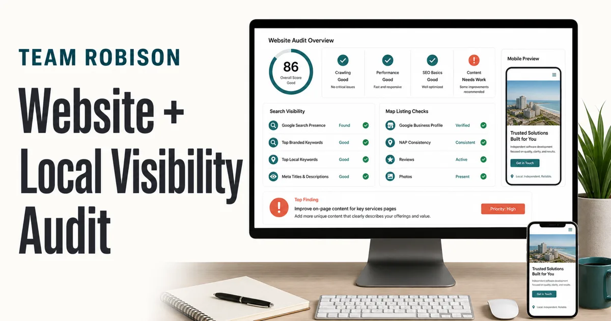 Team Robison website audit overview showing search, maps, performance, and mobile checks