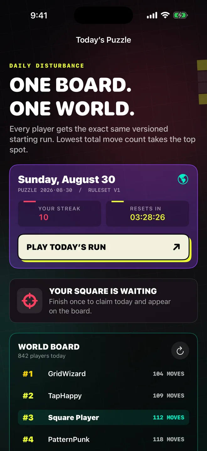 The Square Game Daily Disturbance screen with a worldwide least-moves leaderboard