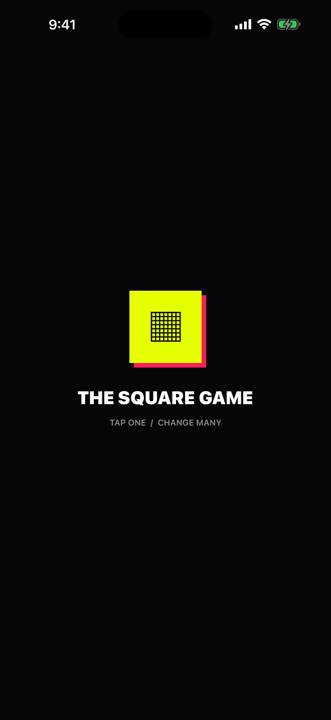 A live Square Game puzzle board with glowing tiles, move count, and timer