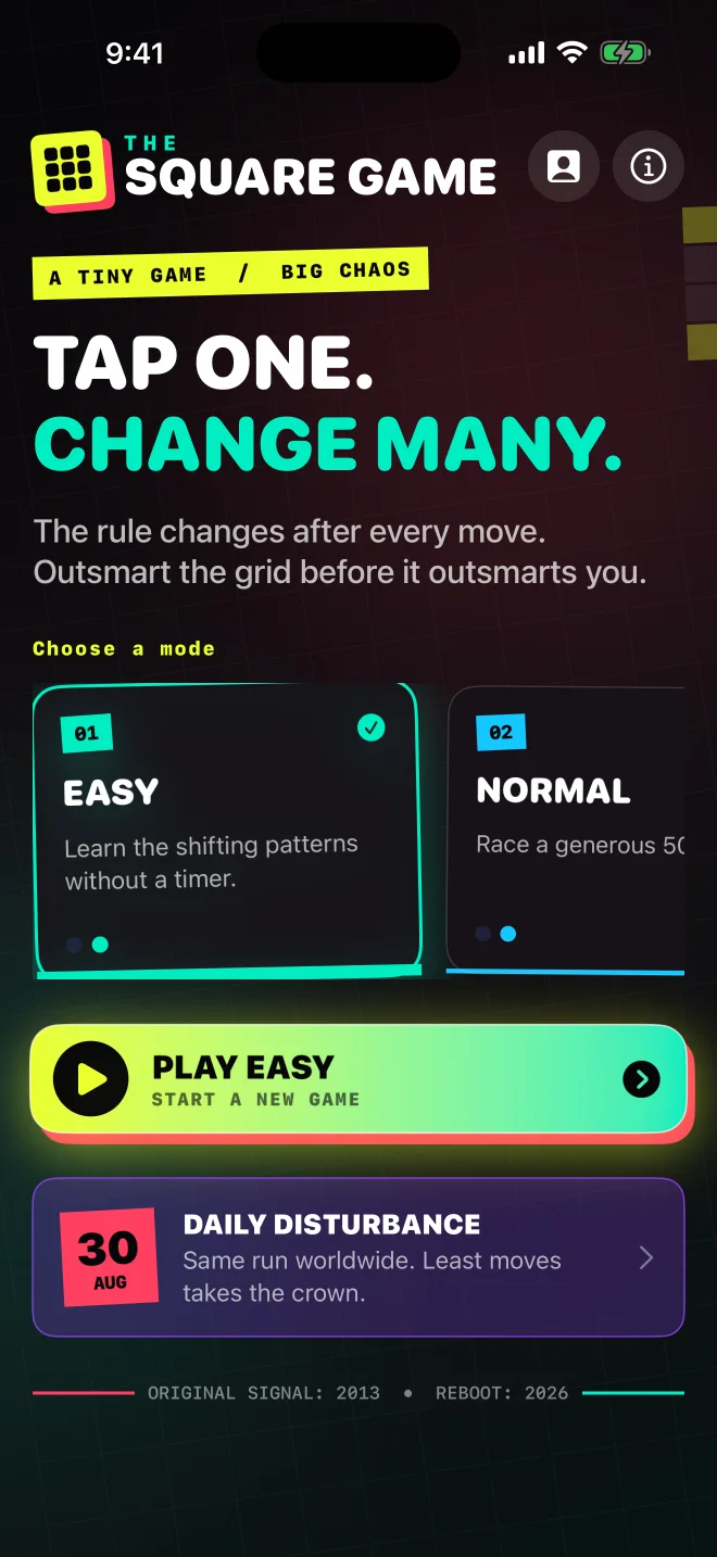 The Square Game home screen showing game modes and the Daily Disturbance