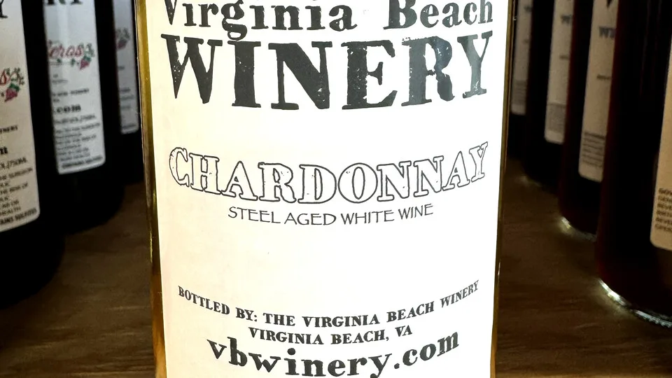 Virginia Beach Winery Chardonnay bottle in the winery